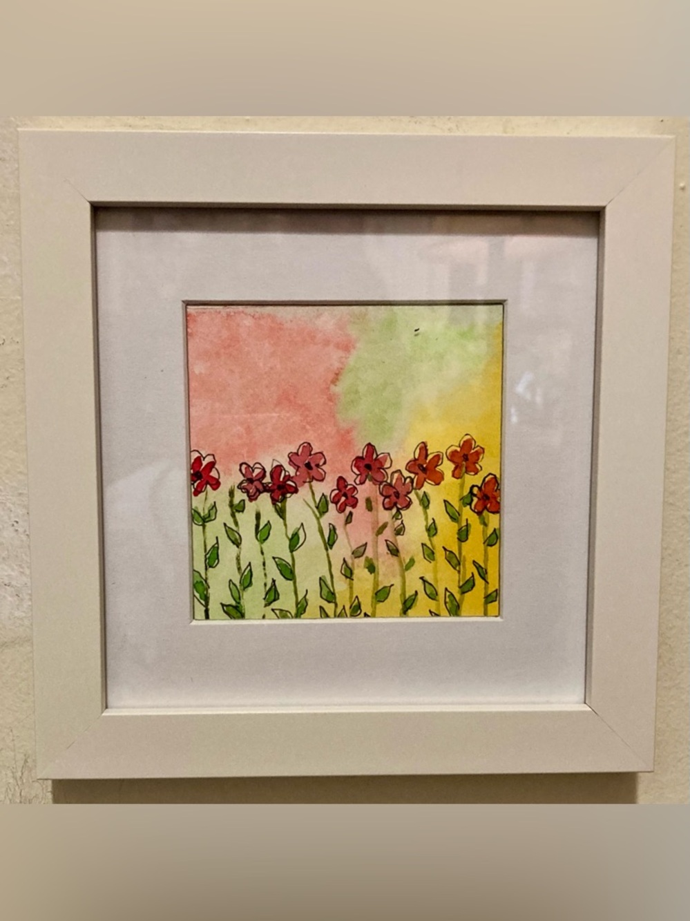 Framed Original Watercolor Art “Whimsical Blooms” Size 7”x7”